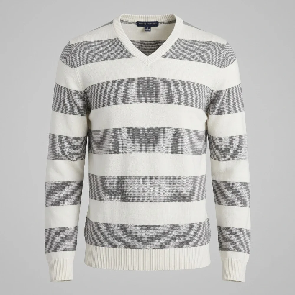 Tricots St Raphael Mens‎ Large Ivory Grey Sweater V-Neck Striped Knit Pullover